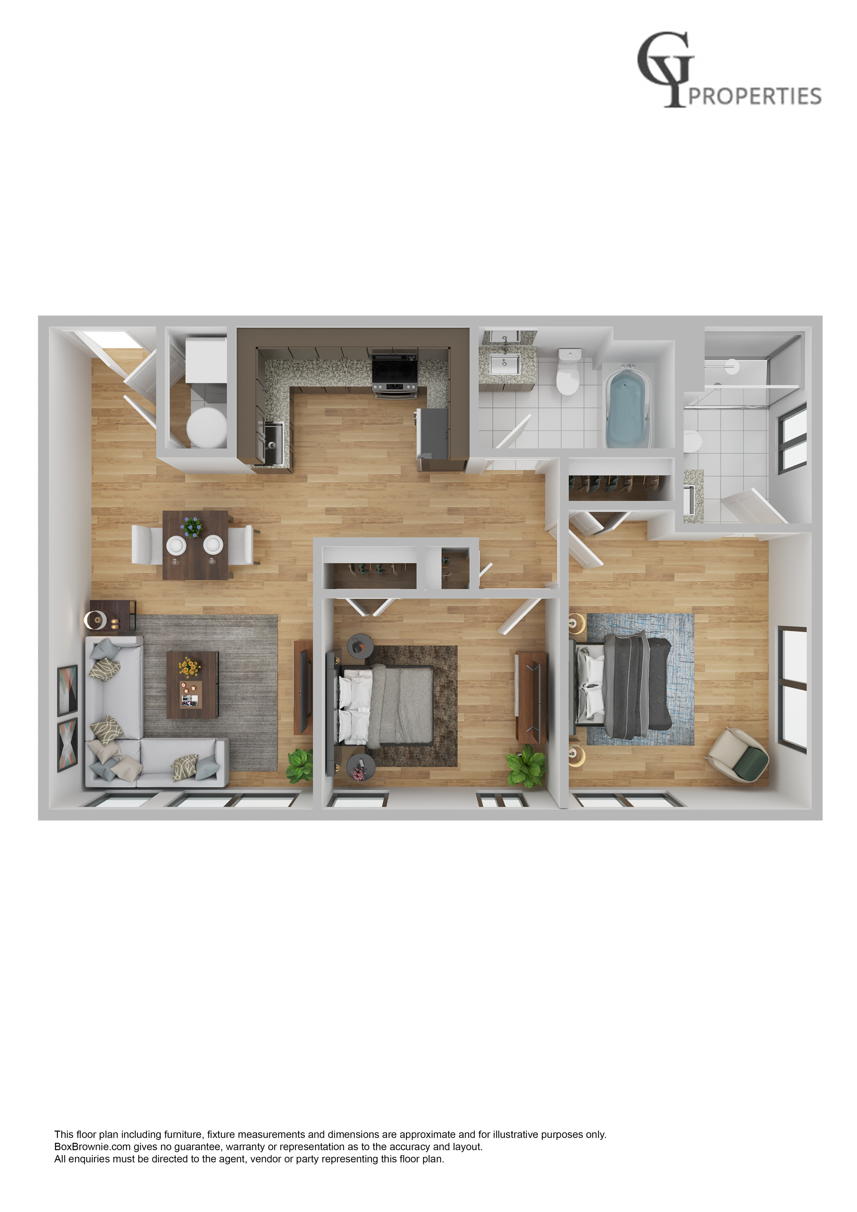 Modern floor plan showcasing a spacious 2-bedroom apartment with an open-concept living and dining area, sleek kitchen, and a stylish bathroom layout.