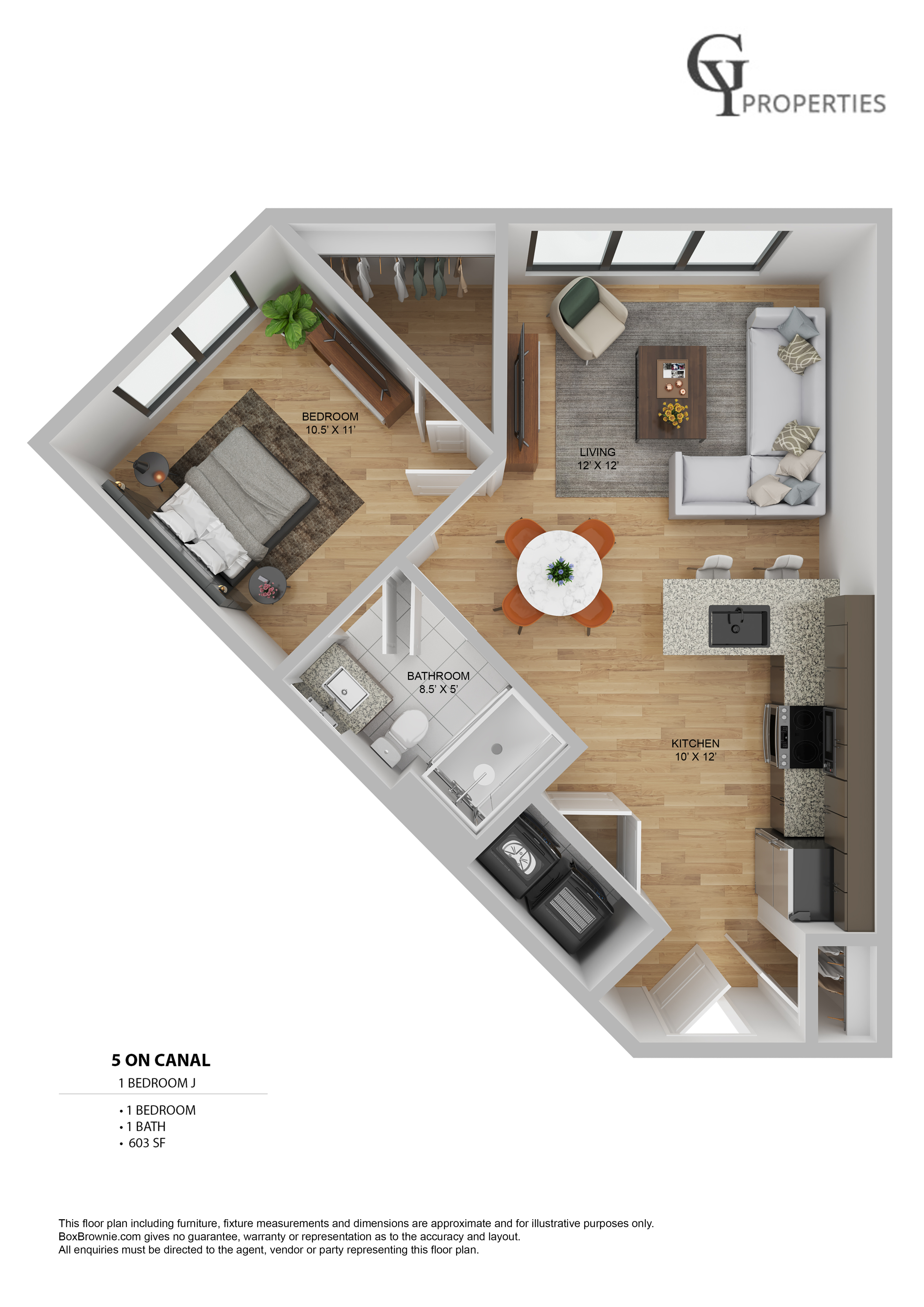 Modern 3D floor plan of \'5 on Canal\' featuring 1 bedroom, 1 bathroom, a spacious living area, and an open kitchen. Total area: 603 sq ft.