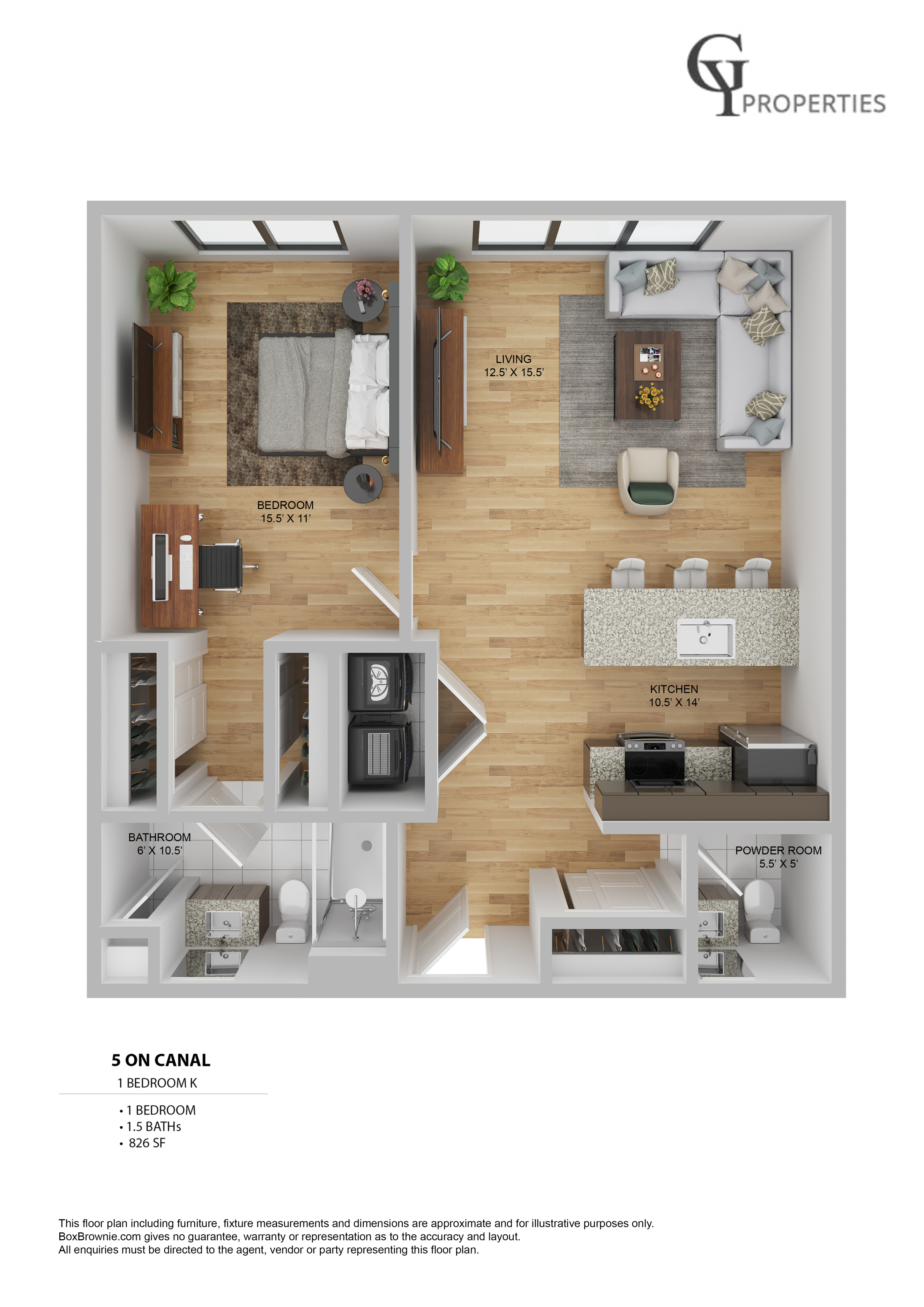 Chic 1-bedroom floor plan at 5 on Canal featuring a spacious living room, modern kitchen, and stylish bathroom, spanning 826 sq ft.