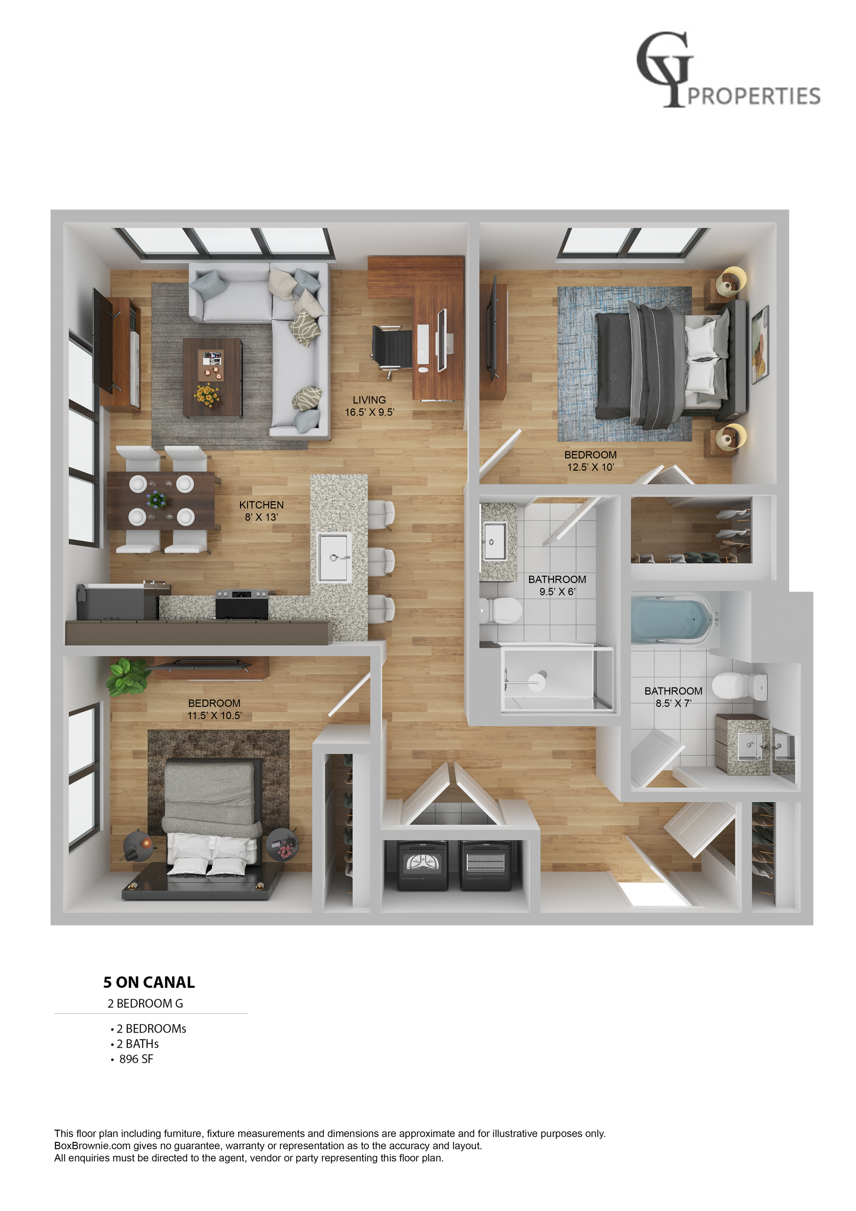 Inviting 2-bedroom floor plan with expansive living area, modern kitchen, and two stylish bathrooms, perfect for comfortable living.