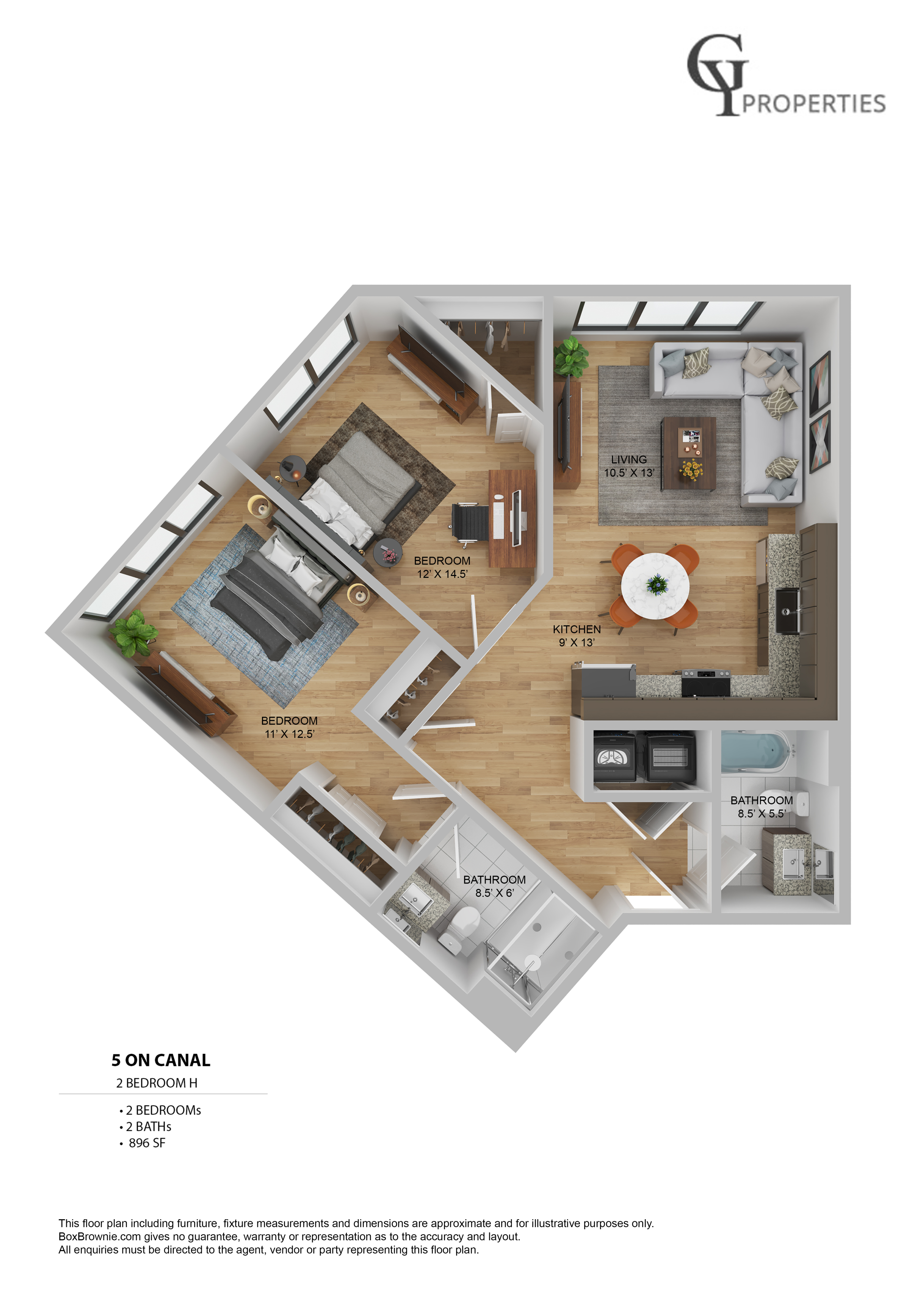 Modern 3D floor plan featuring 2 spacious bedrooms, a stylish kitchen, and an inviting living area in an 896 sq ft layout at 5 on Canal.