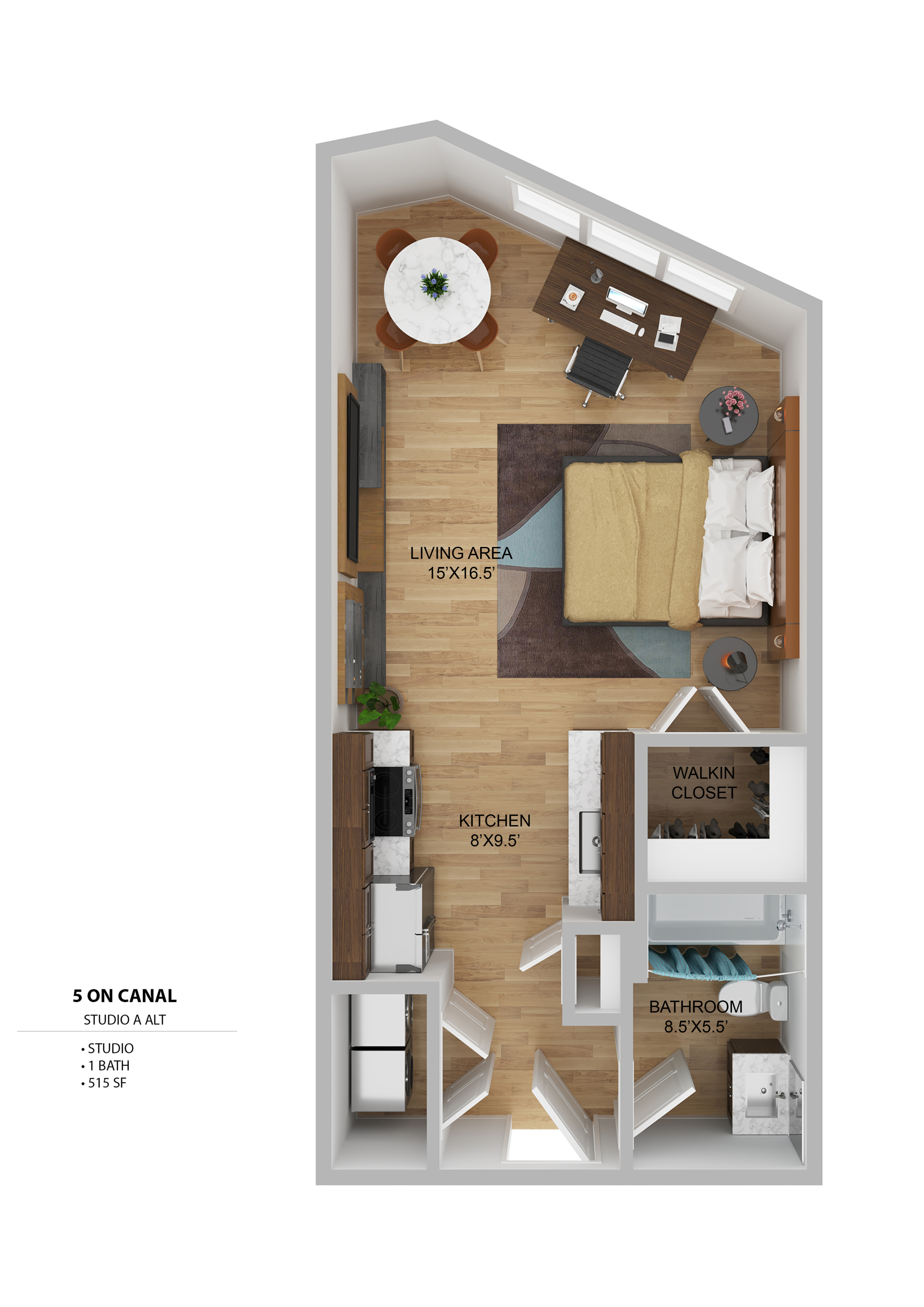 Contemporary studio apartment floor plan at 5 on Canal, featuring a cozy living area, modern kitchen, walk-in closet, and a sleek bathroom in 515 sq ft.