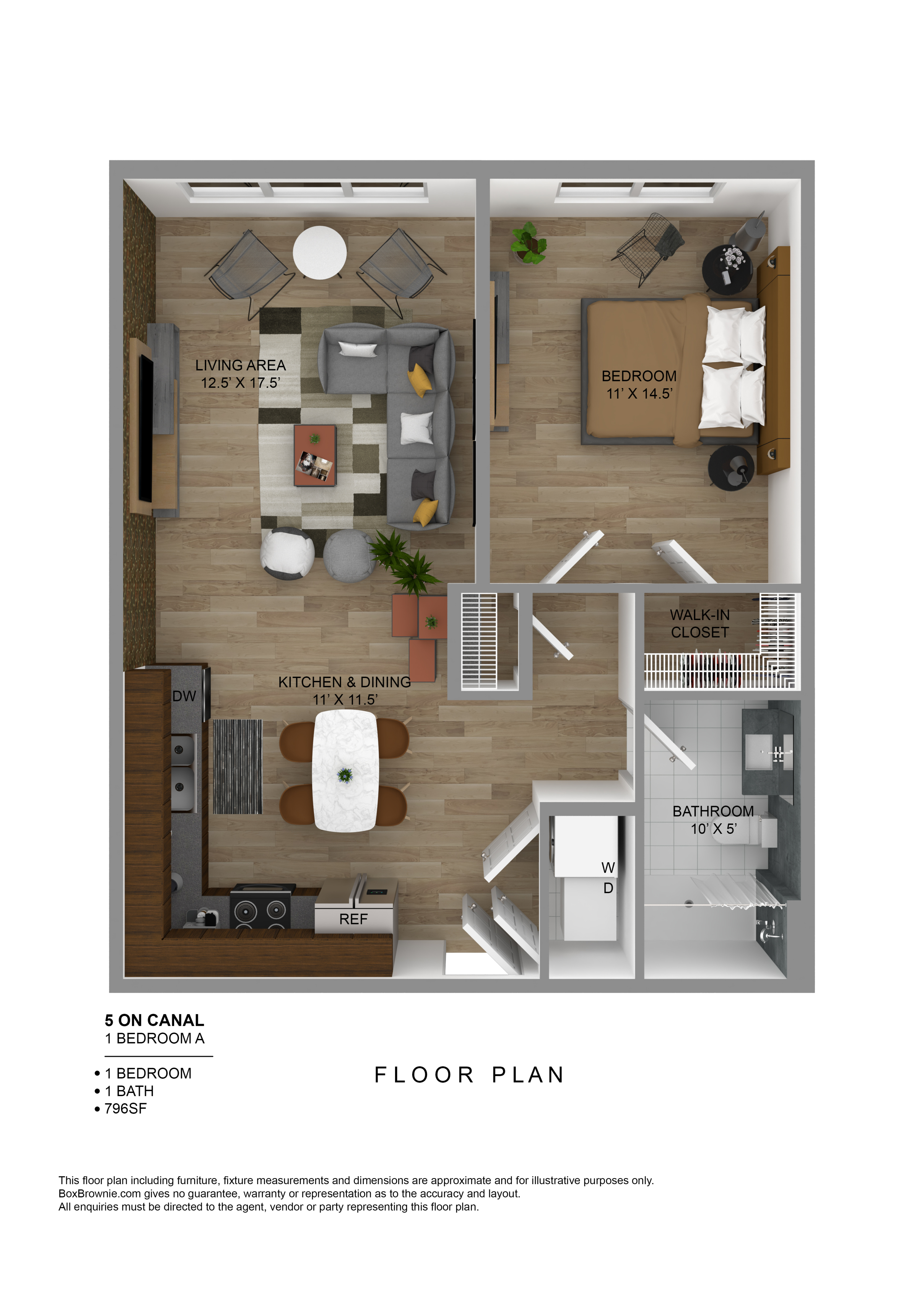Contemporary floor plan of a 1-bedroom apartment featuring a spacious living area, modern kitchen and dining space, walk-in closet, and a well-appointed bathroom.