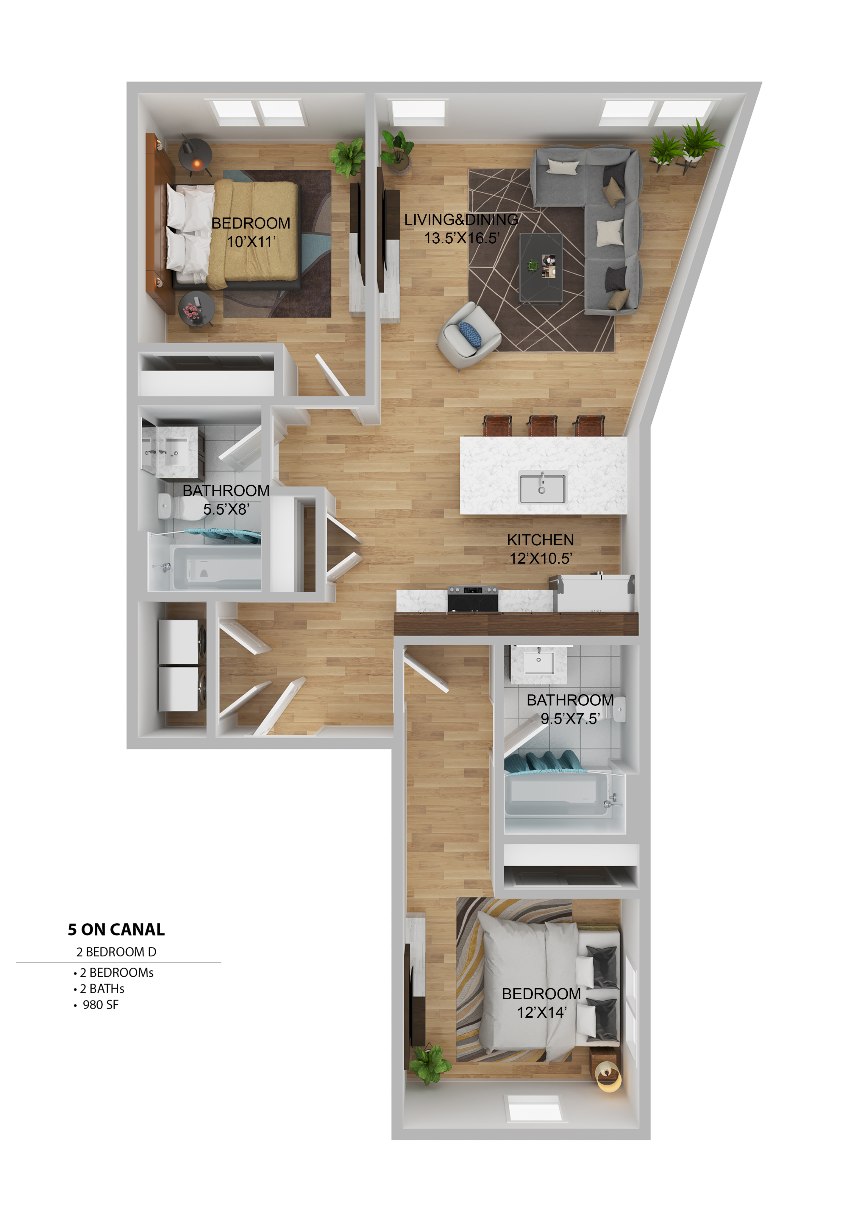Modern 2-bedroom apartment floor plan, featuring a spacious living and dining area, sleek kitchen, and 2 stylish bathrooms. Total area of 980 square feet.