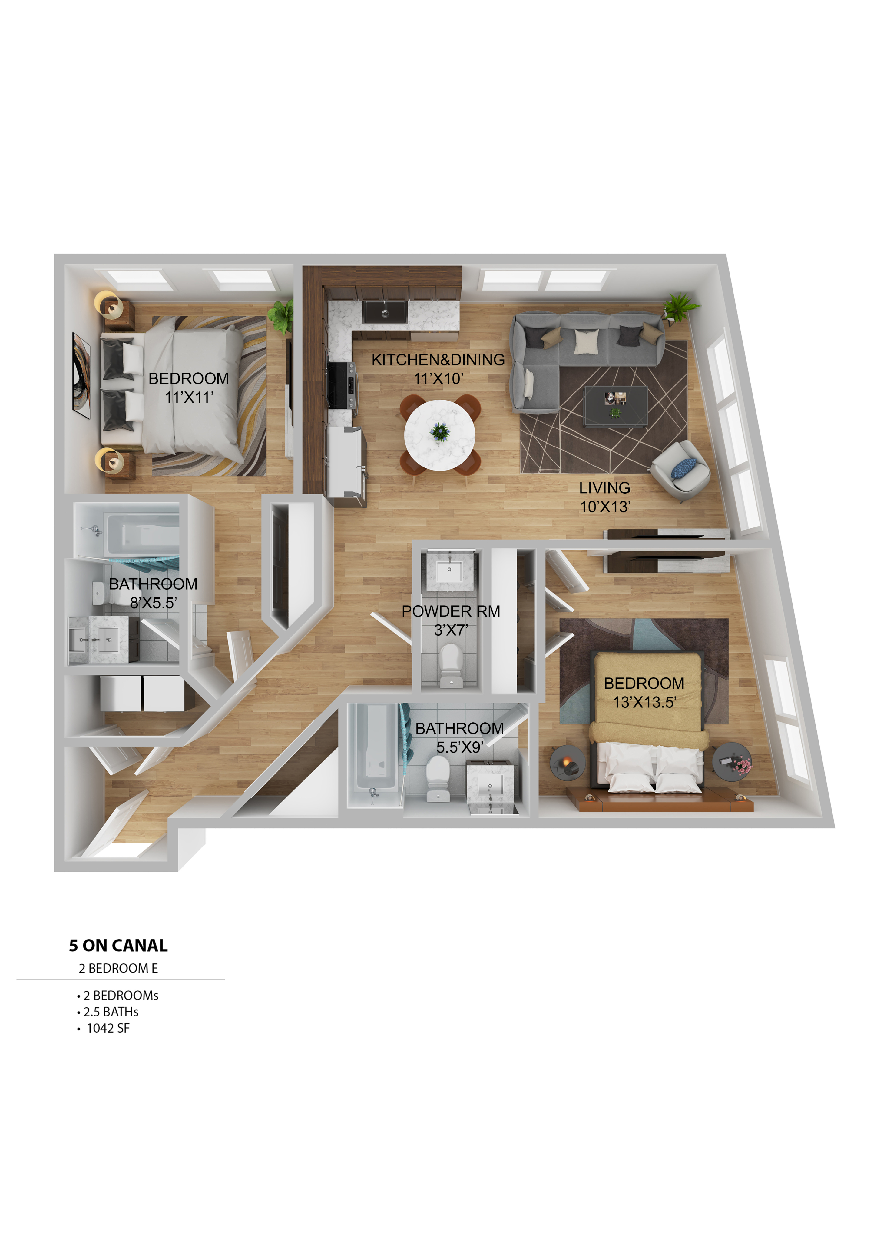 Modern 3D floor plan for \'5 on Canal,\' featuring 2 bedrooms, stylish kitchen and dining area, spacious living room, and 2.5 bathrooms in 1042 sq ft.