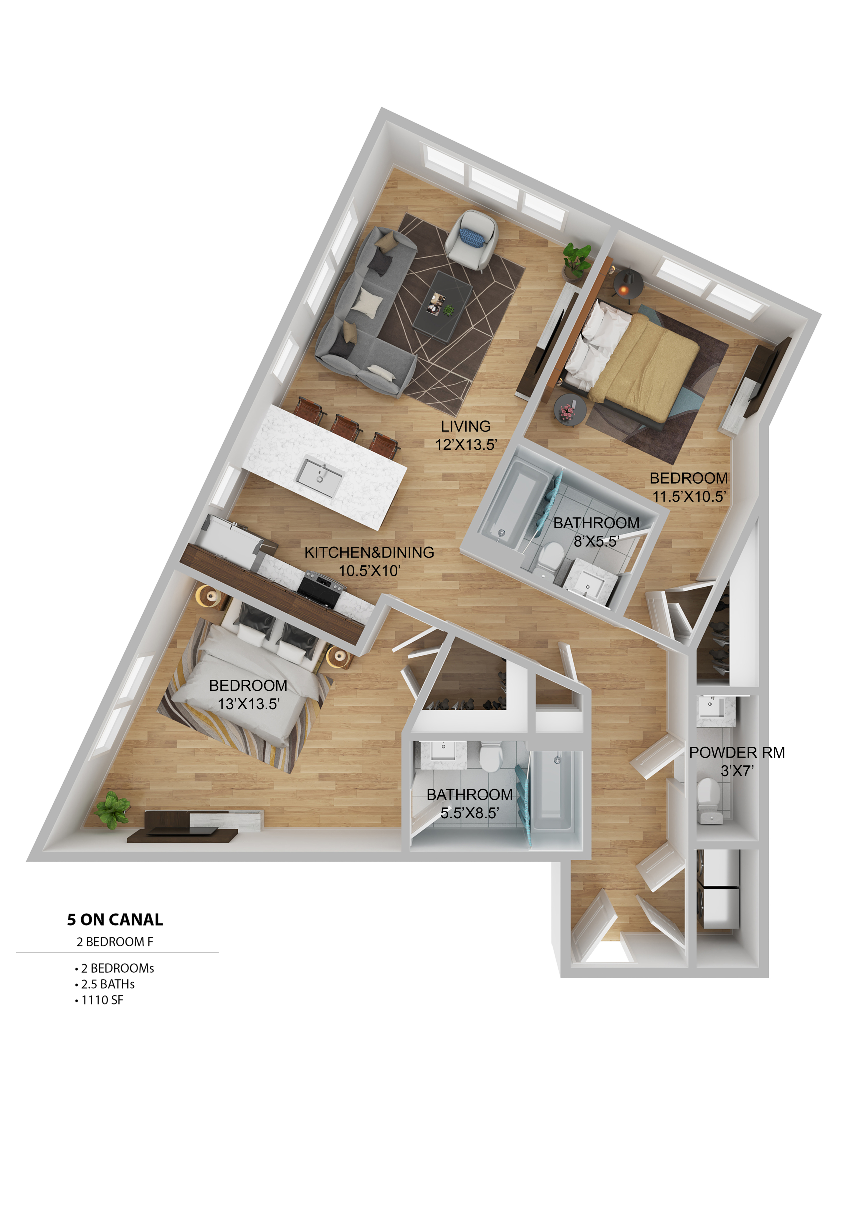 Modern 2-bedroom floor plan with spacious living area, open kitchen and dining, and 2.5 bathrooms in 1110 sq ft layout.