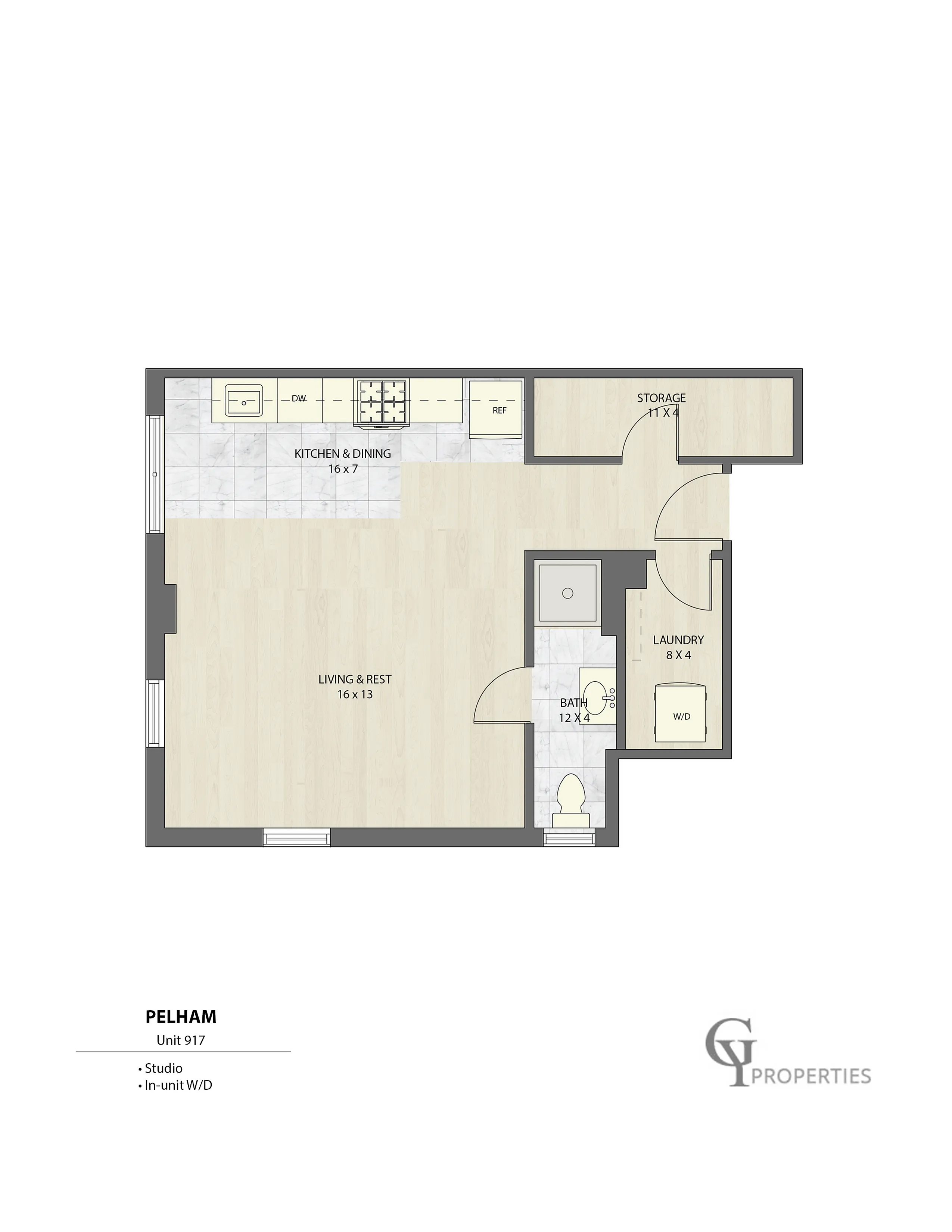 Pelham Unit 917 studio floor plan featuring a modern kitchen and dining area, spacious living space, in-unit washer and dryer, and convenient storage options.