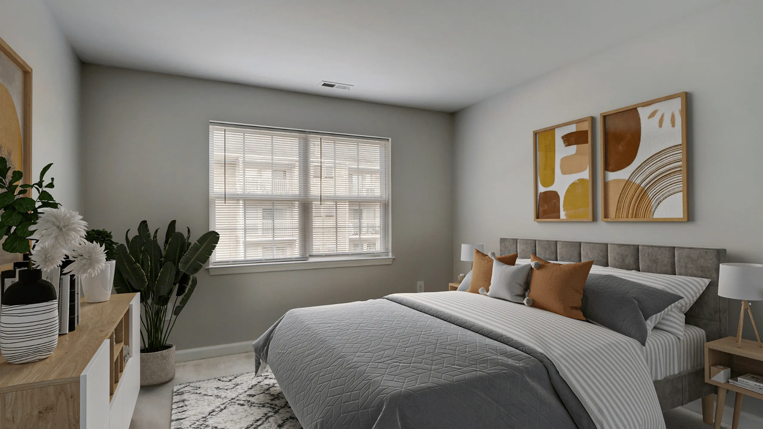 Elegant bedroom with modern decor, plush bedding, and natural light.