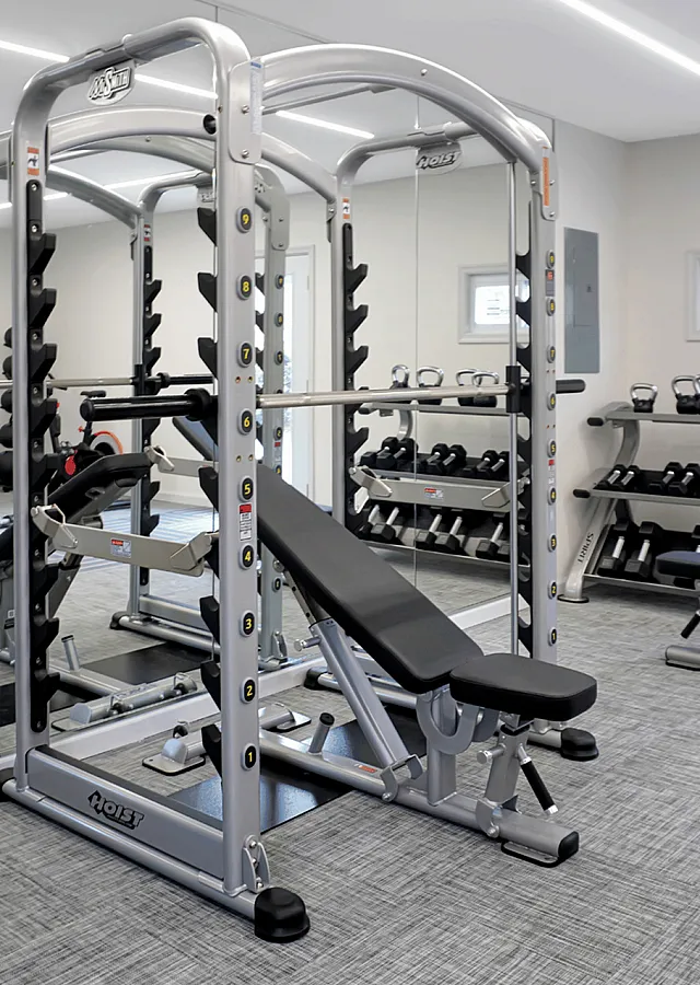Modern gym with advanced equipment, mirrors, and a selection of dumbbells in a sleek workout space.