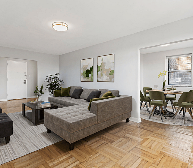 Chic, open living and dining space with stylish decor and contemporary furnishings.