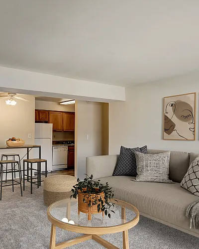 Inviting living room with stylish decor, a plush sofa, and an open kitchen area.