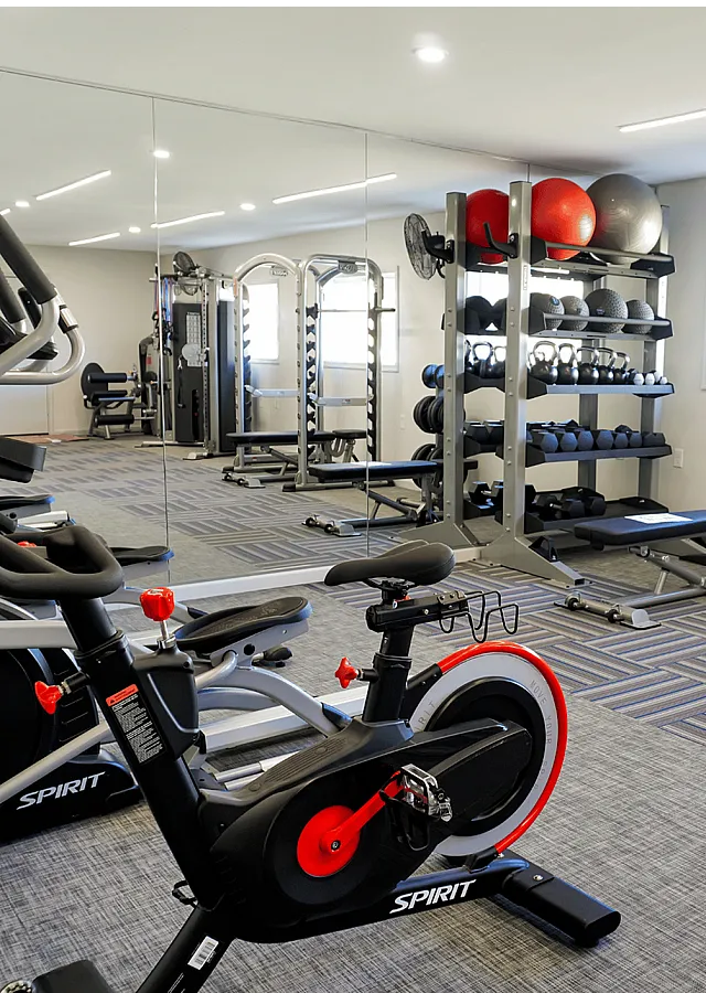 Modern gym in a luxury apartment featuring state-of-the-art fitness equipment, mirrors, and bright lighting.