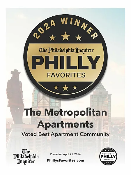 2024 Philly Favorites Winner badge for The Metropolitan Apartments, celebrated as Best Apartment Community.