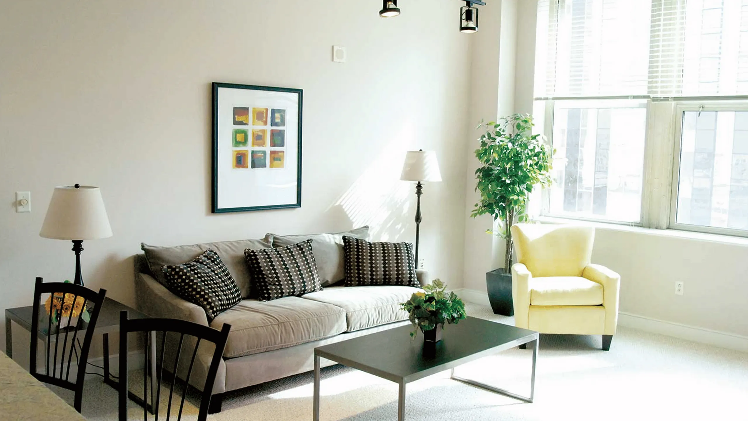 Bright and modern living room with stylish decor, featuring a cozy sofa, elegant armchair, and abundant natural light.