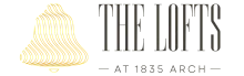 Elegant logo for 'The Lofts at 1835 Arch' featuring a golden bell design, symbolizing luxury urban living.