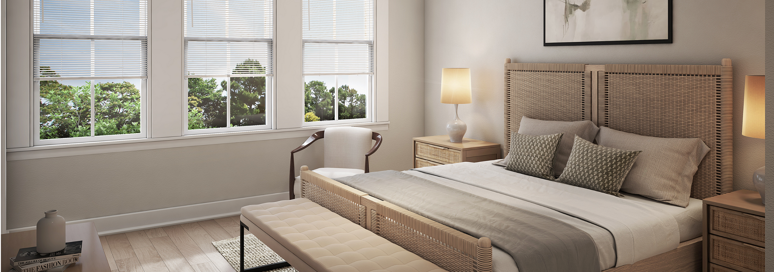Elegant bedroom with large windows, natural wood furniture, and cozy lighting.