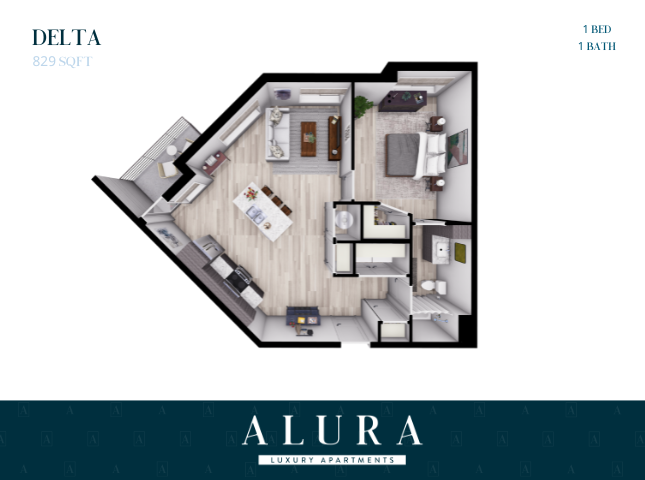 Delta floor plan at Alura Luxury Apartments, featuring 1 bedroom and 1 bath in an 829 sq ft space, with a modern open-concept living and kitchen area.