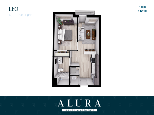 Elegant floor plan of Alura Luxury Apartments featuring 1 bedroom, 1 bath, and an open-concept living area within 486 - 590 sq ft.