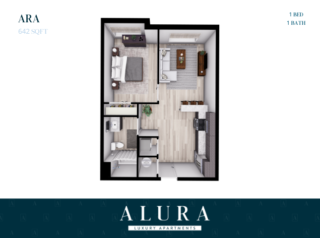 Alura Luxury Apartments floor plan featuring 1 bedroom, spacious living area, modern kitchen, and 1 bath in a sleek 642 sq ft layout.