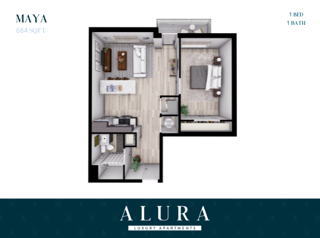 Maya 1 bed, 1 bath floor plan at Alura Luxury Apartments showcasing a stylish open-concept living area and modern kitchen layout in 684 sqft.