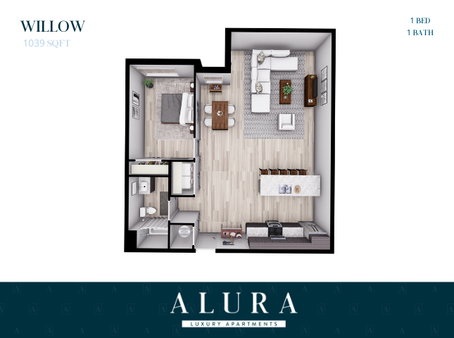 Chic Willow floor plan at Alura, showcasing 1 bedroom, 1 bathroom layout with a spacious open-concept living and dining area, modern kitchen, and 1039 sq ft of luxury living space.