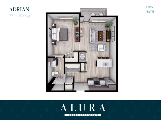 Alura luxury apartment floor plan for the Adrian model, featuring 1 bedroom, 1 bathroom, a cozy living area, modern kitchen, and private balcony, 771-803 sq ft.