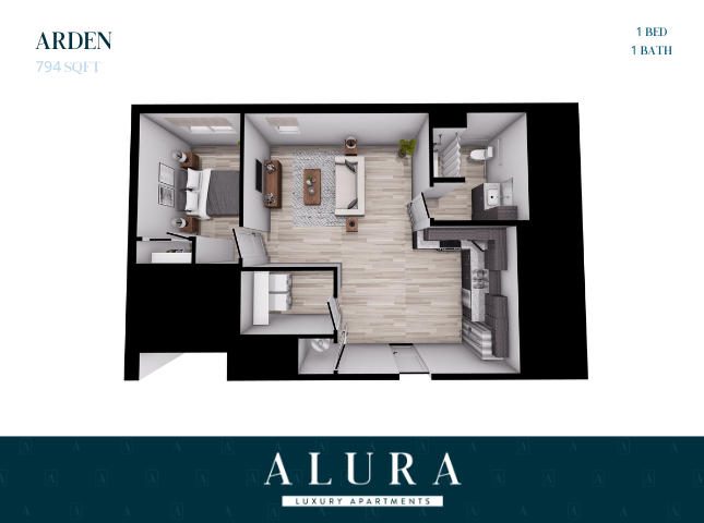 Modern Alura apartment floor plan of Arden model with 1 bedroom, 1 bath, spacious living room, and sleek kitchen, totaling 794 sq ft.