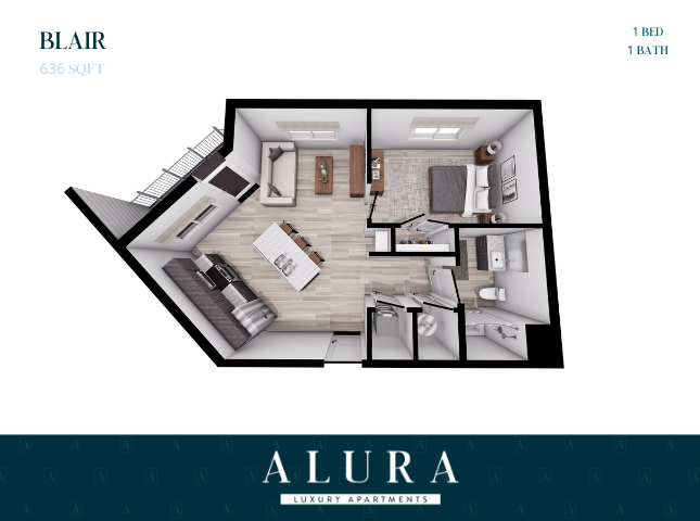 Blair floor plan offering 1 bedroom, modern open-concept living area, and stylish kitchen in 636 sq ft luxury apartment.