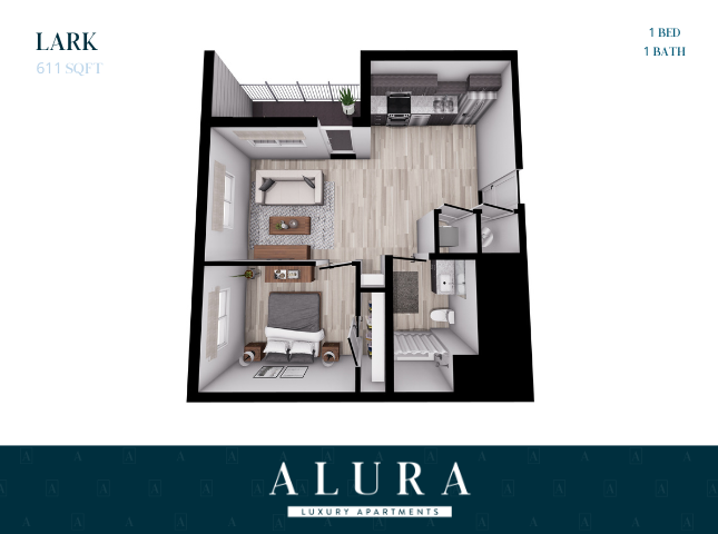 Alura floor plan featuring 1 bedroom, 1 bath, a cozy living area, modern kitchen, and balcony, spanning 611 sq ft.