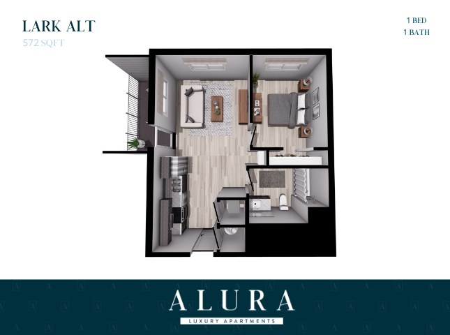 Lark Alt floor plan at Alura Luxury Apartments featuring 1 bedroom, 1 bathroom, a cozy living area, and modern kitchen layout, 572 sq ft.