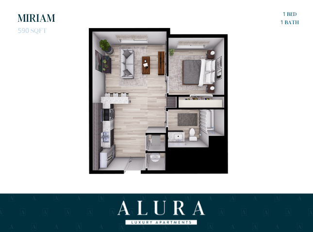 Miriam floor plan at Alura Luxury Apartments, showcasing 1 bedroom, sleek kitchen, cozy living area, and modern bathroom in 590 sq ft.