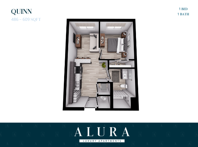 Quinn floor plan showcasing 1 cozy bedroom, modern bath, and open-concept living area in Alura Luxury Apartments, 486-609 sq ft.