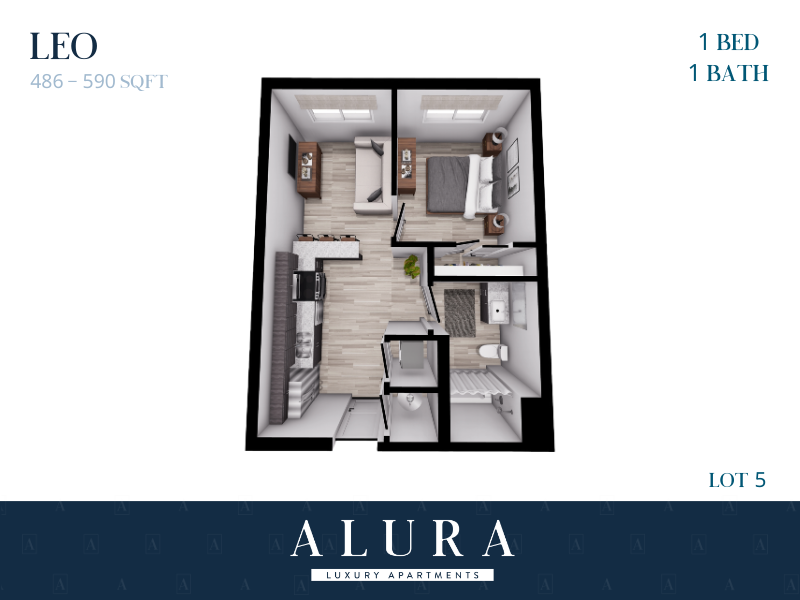 Chic 2D floor plan of LEO model showing 1 bed, 1 bath, with an open-concept living area and modern kitchen, spanning 486-590 sq ft at Alura Luxury Apartments.