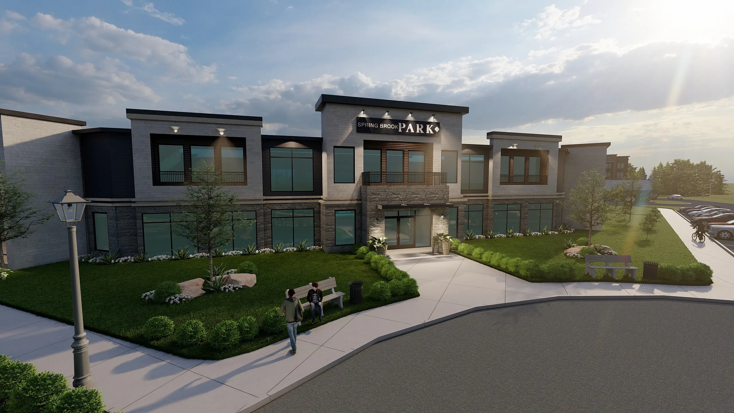 Modern community center exterior with lush landscaping and welcoming entrance at Spring Brook Park.