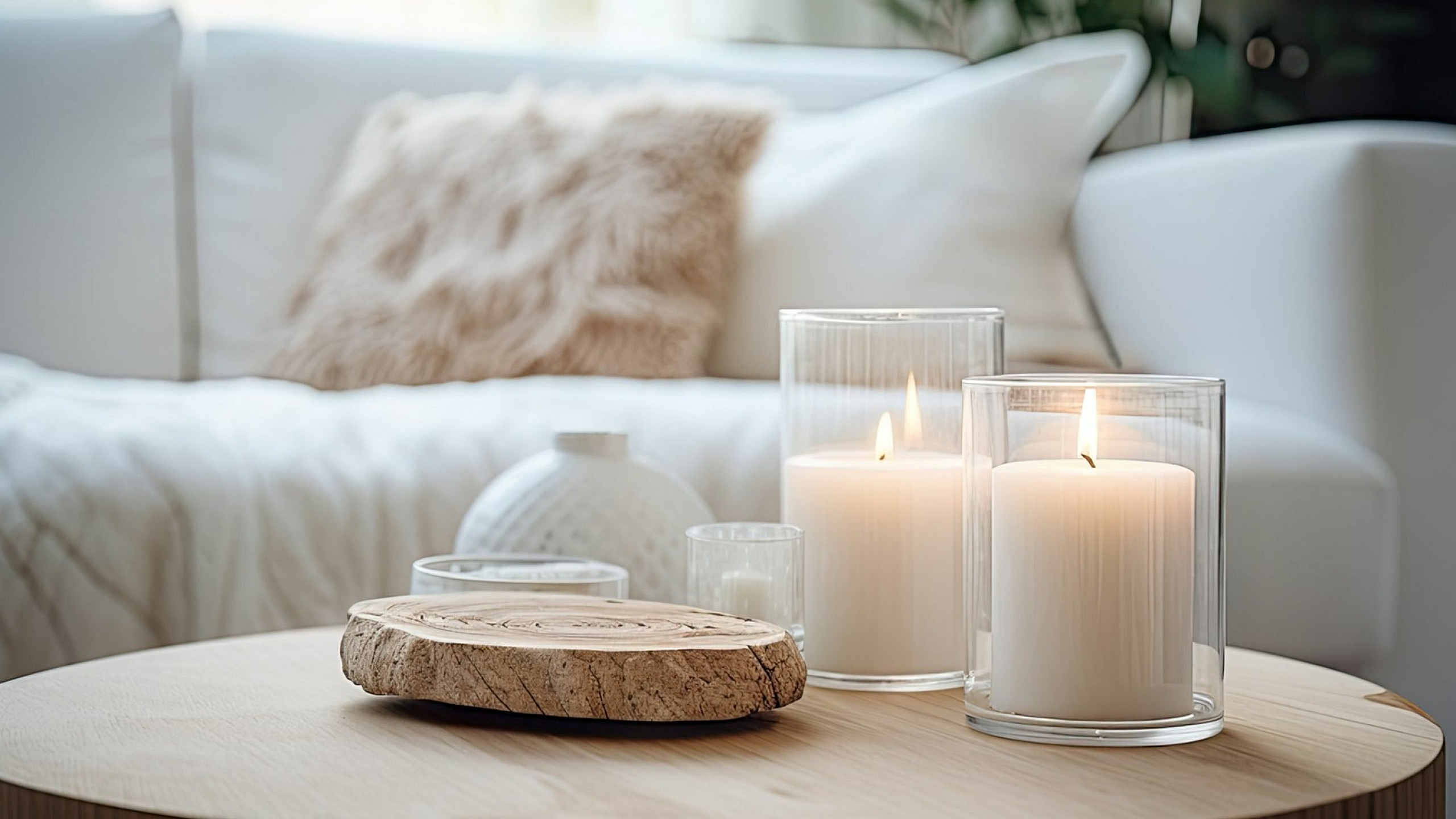 Inviting living room with cozy white sofa, elegant candles on a sleek wooden coffee table, and plush decor accents.