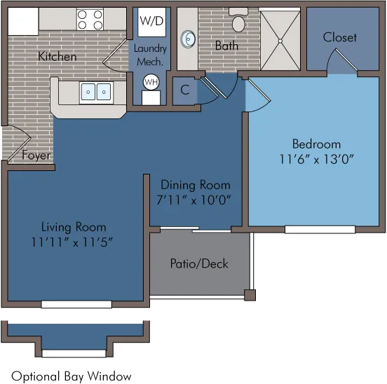 Modern apartment floor plan featuring one bedroom, inviting living room, cozy dining area, and efficient kitchen layout with patio access.