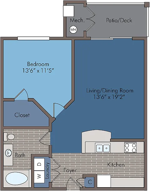 Elegant 1-bedroom apartment floor plan with open living/dining area, modern kitchen, and private patio.