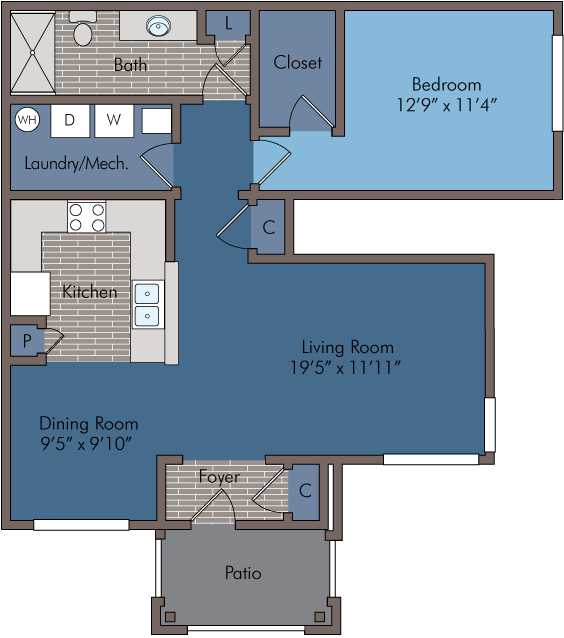 Charming 2D floor plan showcasing a spacious 1-bedroom apartment with open-concept living and dining areas, modern kitchen, cozy patio, and convenient laundry space.