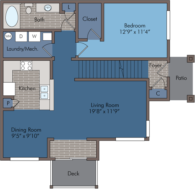 Charming 1-bedroom floor plan with spacious living room, modern kitchen, cozy dining area, and private patio.