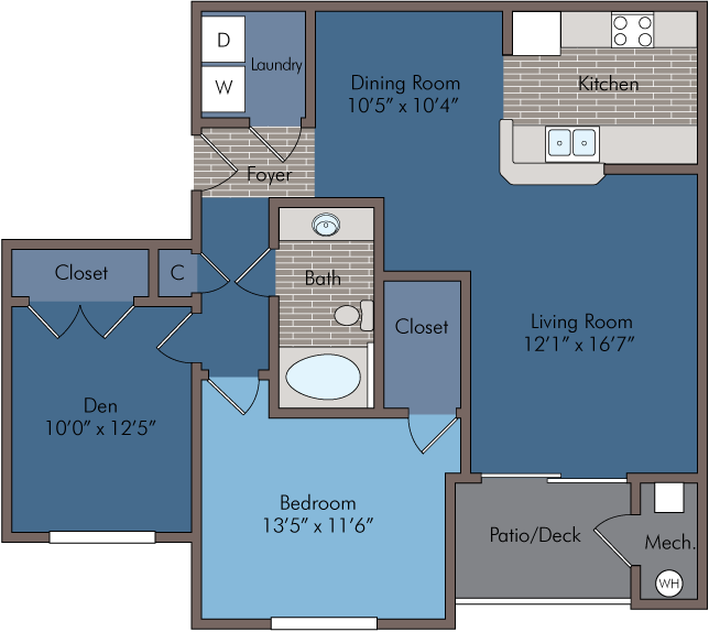 Modern floor plan featuring a spacious bedroom, versatile den, cozy living room, and stylish kitchen, complete with a patio deck for outdoor relaxation.