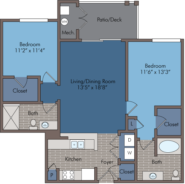 Modern floor plan with 2 bedrooms, spacious living/dining area, and private patio, perfect for comfortable living.