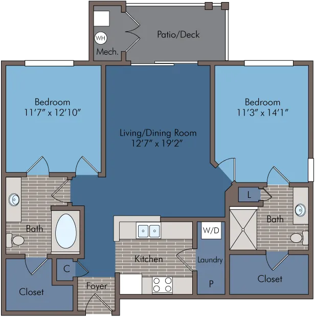 Modern floor plan with 2 spacious bedrooms, open living/dining area, sleek kitchen, patio, and two bathrooms.
