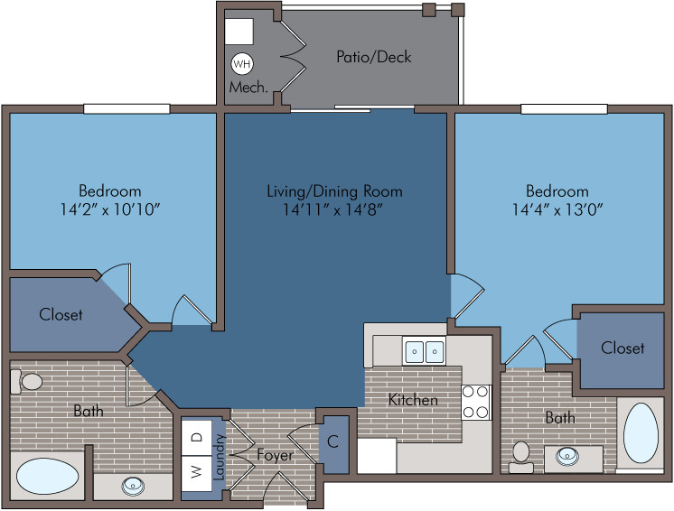 Elegant 2D floor plan showcasing 2 spacious bedrooms, open-concept living/dining area, modern kitchen, and a cozy patio/deck.