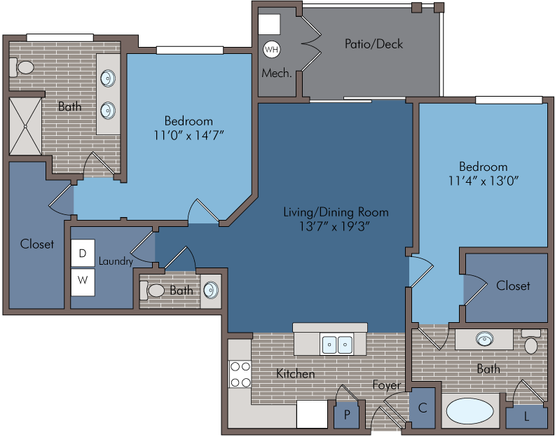 Elegant floor plan featuring 2 spacious bedrooms, open-concept living and dining area, stylish kitchen, laundry space, 2 bathrooms, and a private patio.