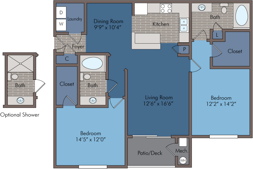 Modern floor plan featuring 2 spacious bedrooms, a stylish kitchen, dual bathrooms, and a cozy living room with access to a patio deck.