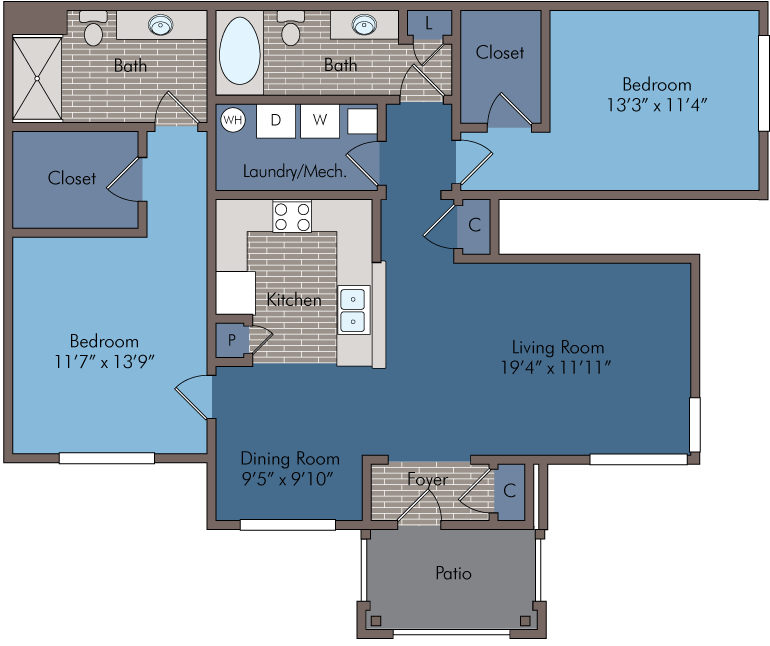 Elegant floor plan showcasing 2 bedrooms, 2 baths, spacious living and dining areas, modern kitchen, and a cozy patio.
