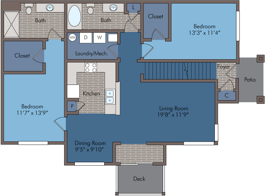 Elegant floor plan with 2 bedrooms, spacious living room, and a modern kitchen, featuring a deck and patio access.