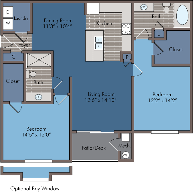 Modern apartment floor plan showcasing 2 bedrooms, spacious living room, and a stylish kitchen with an inviting patio.