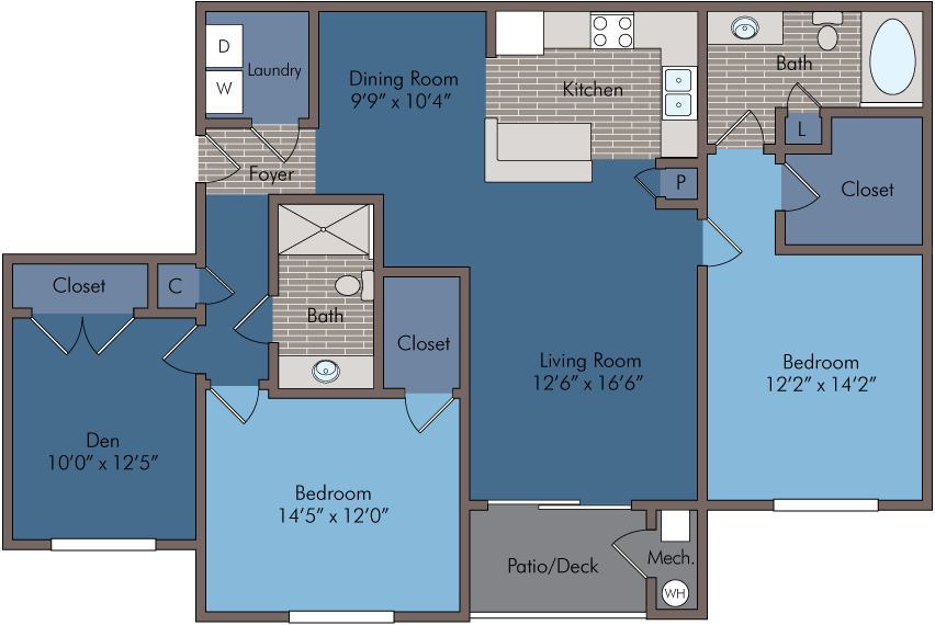 Modern floor plan featuring two bedrooms, a spacious living room, a den, and an open kitchen with a dining area. Includes laundry, two baths, and a cozy patio/deck.