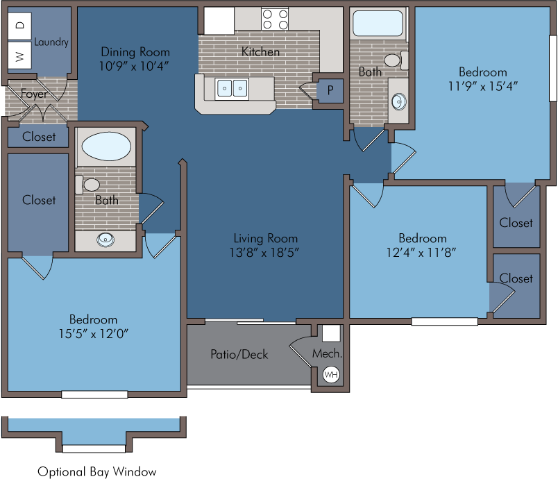 Elegant floor plan showcasing 3 bedrooms, spacious living room, modern kitchen, and a cozy patio area.